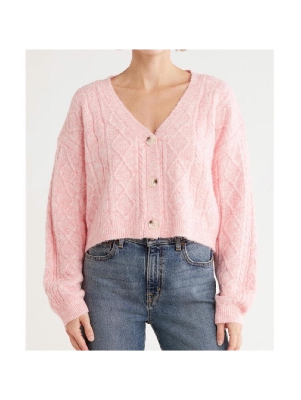 Topshop Wool Blend Cable Knit Crop Button Front Cardigan Pink Women’s XS